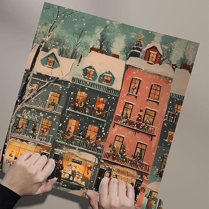 OZCONO Colorful Christmas Town Wall Art, Retro Winter Village Holiday Decor, Cozy Seasonal Farmhouse Accent, Snowy Scene for Festive Home Styling, Hello December Print (Unframed) (11x14)
