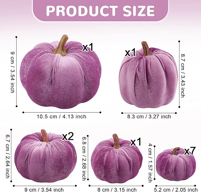 12Pcs Thanksgiving Velvet Fake Pumpkins Artificial Halloween Handmade Fall Harvest Centerpiece Decoration for Home Kitchen Farmhouse Purple