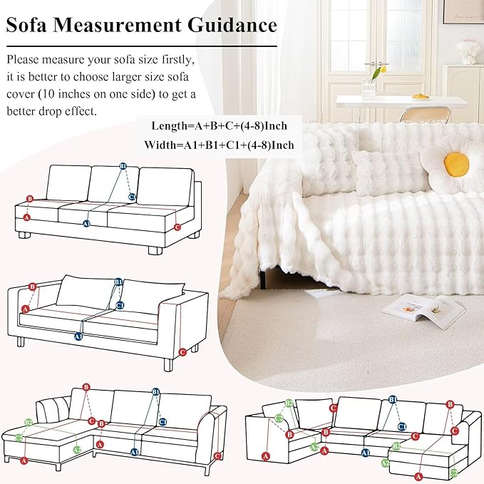 VClife Soft Plush Faux Fur Couch Cover, Warm Fuzzy White Sofa Covers for 3 Cushion Couch Sofa (71"x150") Non Slip Couch Covers for Dog Cat Washable Thick Furniture Protector for Pets
