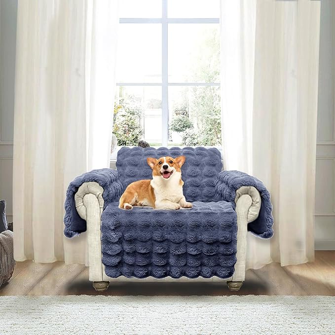 Plush and Fuzzy Shaggy Couch Cover, Dog Pad Faux Fur Sofa Cover, Water Resistant Slipcover, Non-Slip Furniture Protector for Kids,Dogs,Cats.(Noble Gray-Bubble, Small-XL Chair)