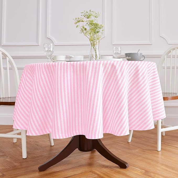 Solino Home Linen 60 Inch Round Tablecloth - Amalfi Stripe, 100% Pure Linen Cherry Blossom and White Round Tablecloth - Machine Washable Table Cloth