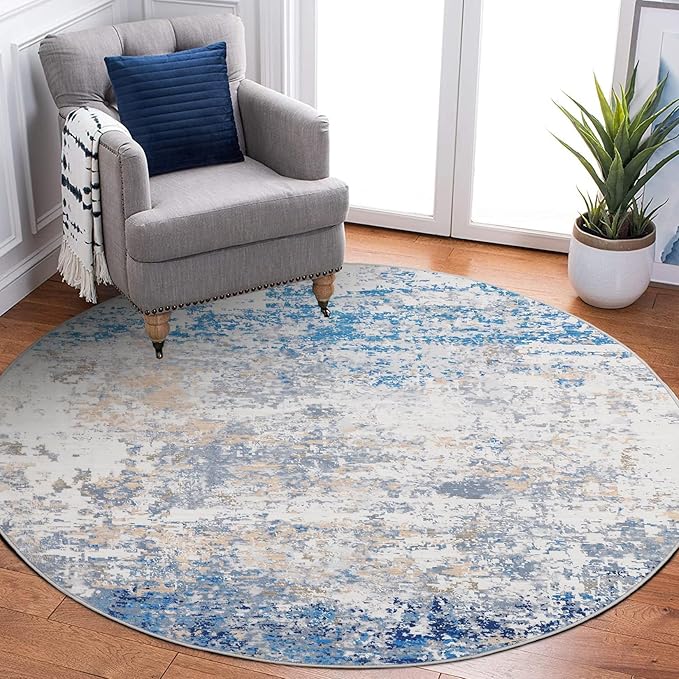 Modern Abstract 4x4 Round Area Rug Non Slip Non Shedding Rug Low Pile Stain Resistant for Bedroom Living Room Office Dining Room,Blue/Grey