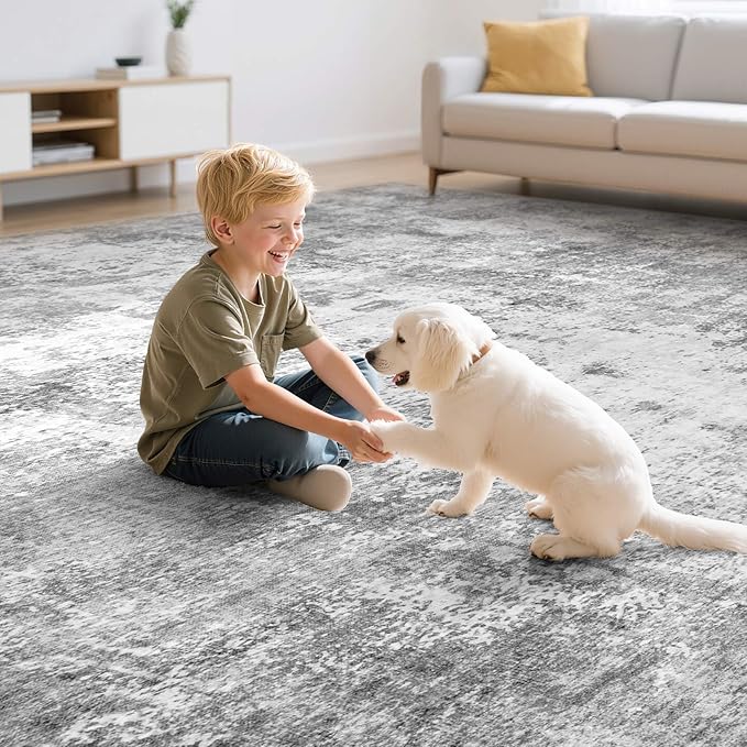 Washable 10X14 Area Rug: Modern Abstract Soft Non-Slip Indoor Rugs - Low Pile Stain Resistant Foldable Rug for Living Room Bedroom Dining Room Playroom Office(Grey 10'x14')