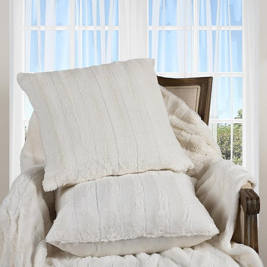 Cheer Collection Faux Fur Throw Pillows - Decorative Pillows for Couch, Bed Throw Pillows, White Accent Pillows for Bedroom or Living Room Aesthetic, Set of 2 Furry Throw Pillows, 24" x 24"