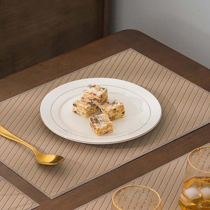 BACKTOEDEN Placemats Set of 12 Heat Resistant Washable Wipeable Placemat Woven Non-Slip Foldable Vinyl/Plastic Place Mats Indoor/Outdoor Mat Kitchen Dining Table Pad, Khaki Twill