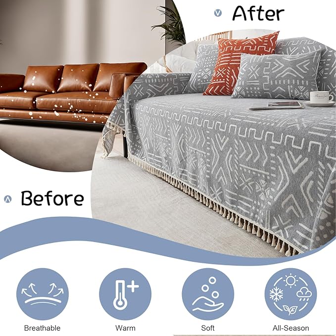 VClife Boho Couch Cover for 3 Cushion Couch Sofa Durable Soft Chenille Sofa Slipcover for Sectional Sofa, 1 PC Multi-Functional Sofa Covers Protector, Gray and White Furniture Protector 71" x 134"