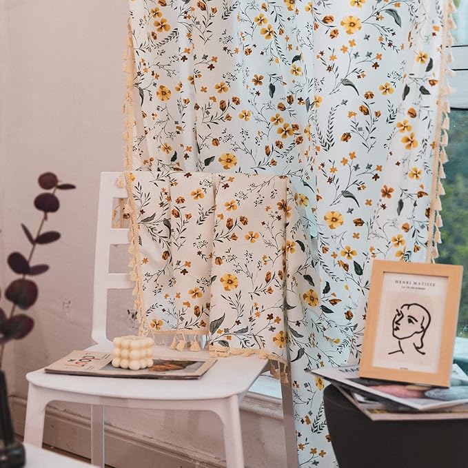 Sutuo Home Boho Curtain Semi-Blackout Vintage Florals Print Cotton Linen Fabric, Handmade Tassels Rod Pocket Bohemian Farmhouse Country Window Drape for Living Bedroom, 59" W x 63" L, 1 Panel