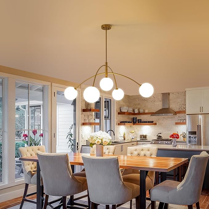 5-Light Gold Sputnik Chandelier for Dining Room Mid Century Modern Light Fixture with Milk Glass Globes, Adjustable Hanging Contemporary Pendant Lighting for Kitchen Bedroom Living Room