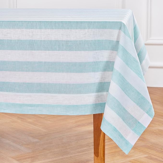 Solino Home Linen Striped Tablecloth 60 x 120 Inch - 100% Pure Linen Aqua and White Table Cloth for Rectangle Tables - Cabana Stripe, Machine Washable Tablecloth