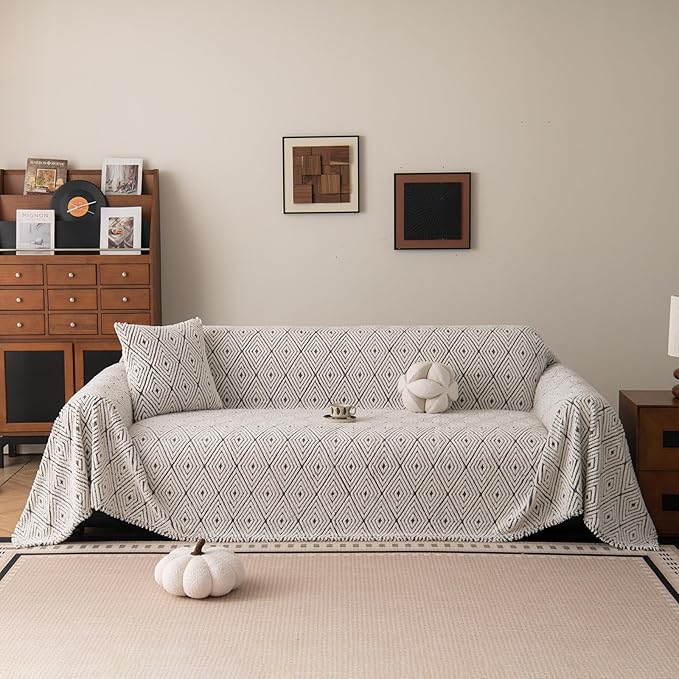 ROOMLIFE Striped Boho Gray Couch Cover for 2-3 Cushion Sofa, Fuzzy Plush Warm Sofa Slipcovers Sectional Sofas Covers, Non Slip Washable Furniture Protector Soft with Tassel,Winter 71''X134”