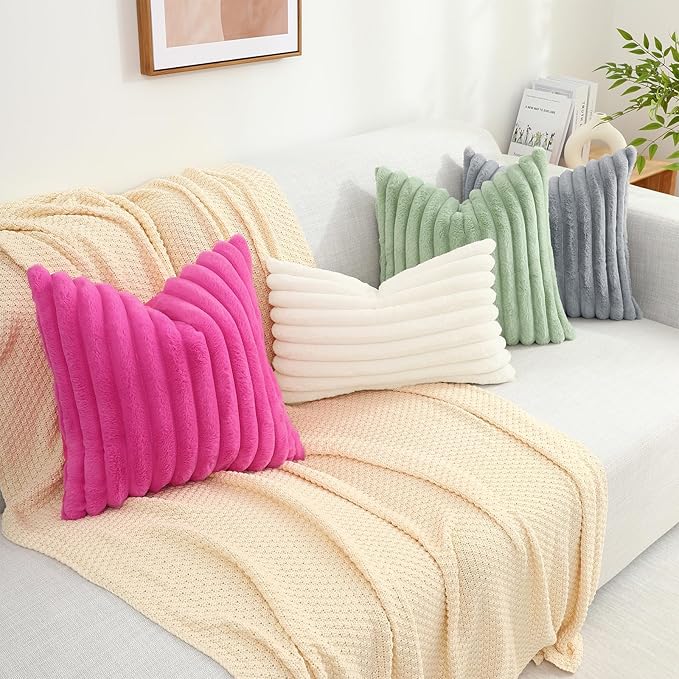 decorUhome Faux Fur Christmas Throw Pillow Covers 12x20 Set of 2, Decorative Soft Plush Striped Lumbar Neutral Couch Euro Pillow Covers with Velvet Back for Sofa, Bed, Living Room Home Decor, Hot Pink