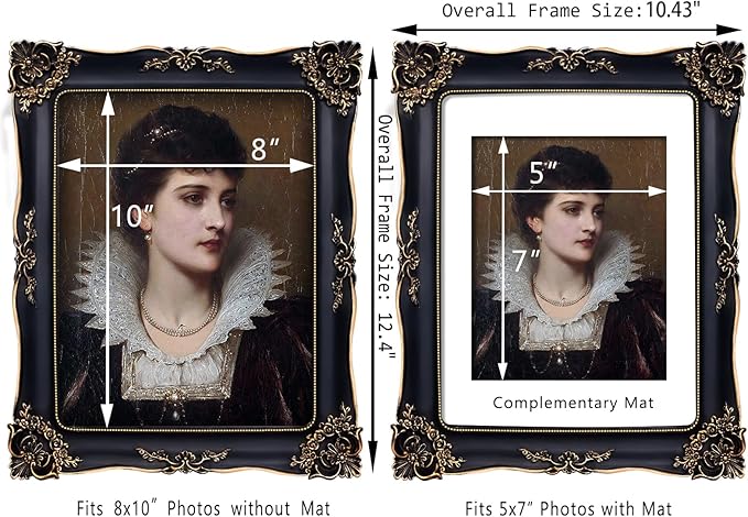 Gothic Picture Frame 8x10 Black Vintage Picture Frames Antique Ornate Baroque Victorian for Wall or Tabletop Display, Fits 8x10 or 5x7 Photo with Mat