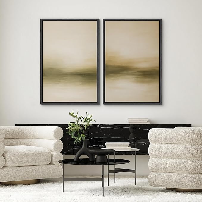 SIGNWIN Framed Canvas Print Wall Art Set Golden Horizon Mist Neutral Beige and Olive Gradient Abstract Landscape Zen Bohemian for Living Room, Bedroom, Office - 24"x36"x2 BLACK