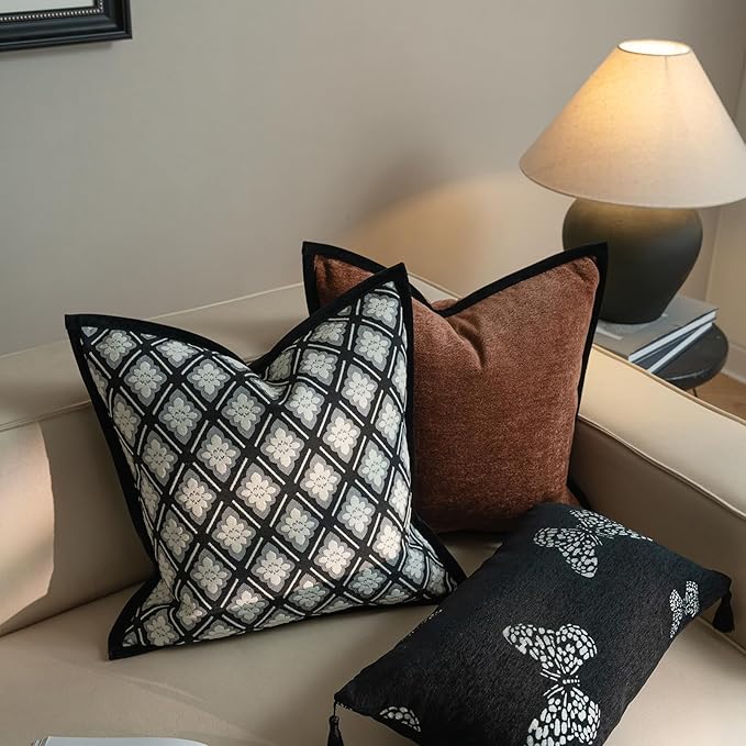New 20x20'' inches Throw Pillow Cushion Covers - Black Camellia Cocostyle Chenille Jacquard Embroidery Vogue Luxury Modern Style Couch Sofa Bed Pillow Cover for Living Room Bedroom