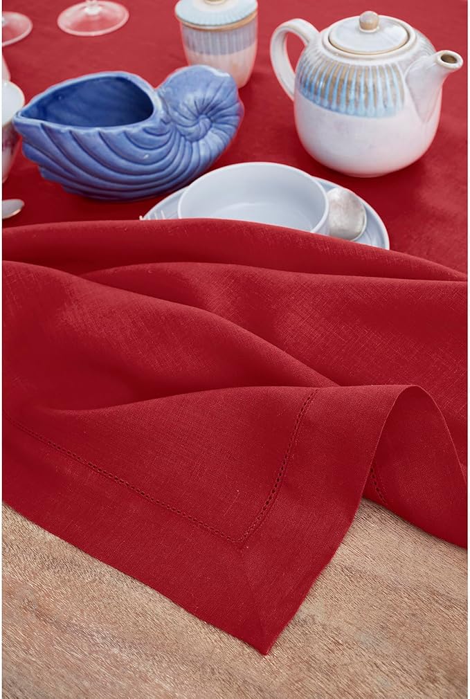 Solino Home Linen Tablecloth for Rectangle Tables 60 x 156 Inch - Classic Hemstitch 100% Pure Linen Red Table Cloth - Machine Washable Cloth Tablecloth for Christmas, Holiday