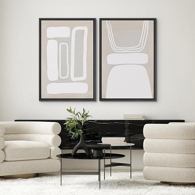 SIGNWIN Framed Canvas Print Wall Art Set Retro 1960s Geometric Figure Collage Abstract Shape Cozy Neutral Modern Art Decorative Nordic Multicolor for Living Room, Bedroom, Office - 24"x36"x2 Black
