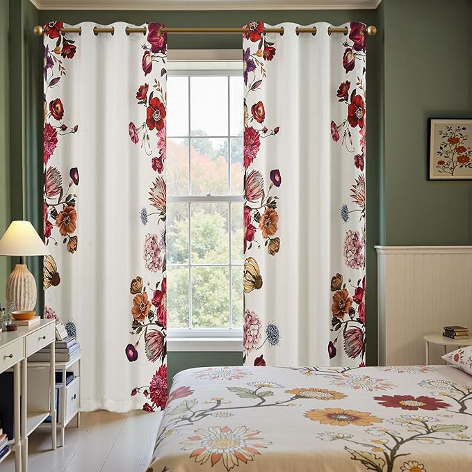 jinchan Hannah Floral Blackout Curtains with Retro Vintage Flower Print Drapes for Bedroom Living Room Fall Decor Winter Window Curtains Room Darkening 84 Inches Length 2 Panels with Grommet Eggshell