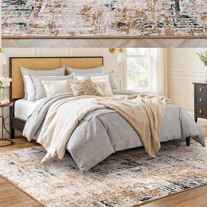 Rugflix 5x7 Area Rug for Living Room, Washable Modern Abstract Rug Low-Pile Non Slip Backing, Soft Large Farmhouse Carpet for Bedroom Dining Room Home Office, Brown Grey