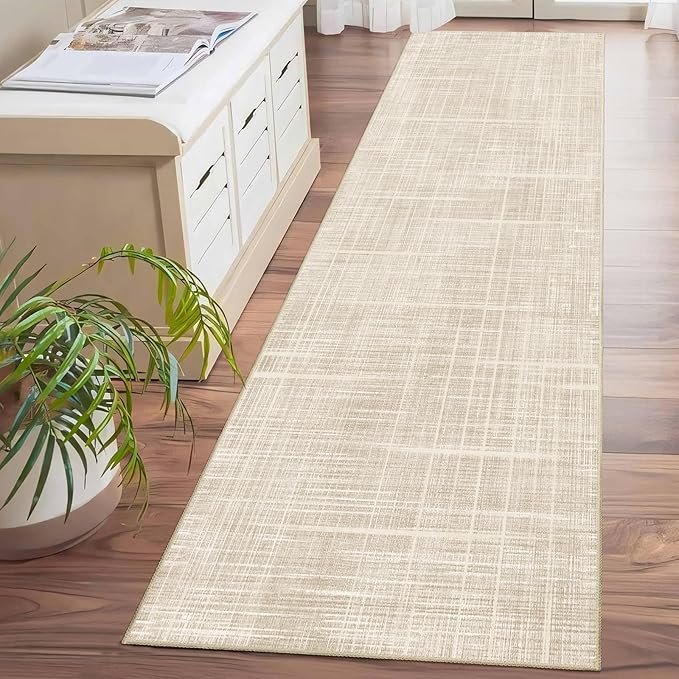 Enkor Runner Rug for Hallway, 2x8 Washable Soft Non Slip Abstract Rug for Kitchen, Modern Mat for Entryway Living Room Bedroom Beige Grid