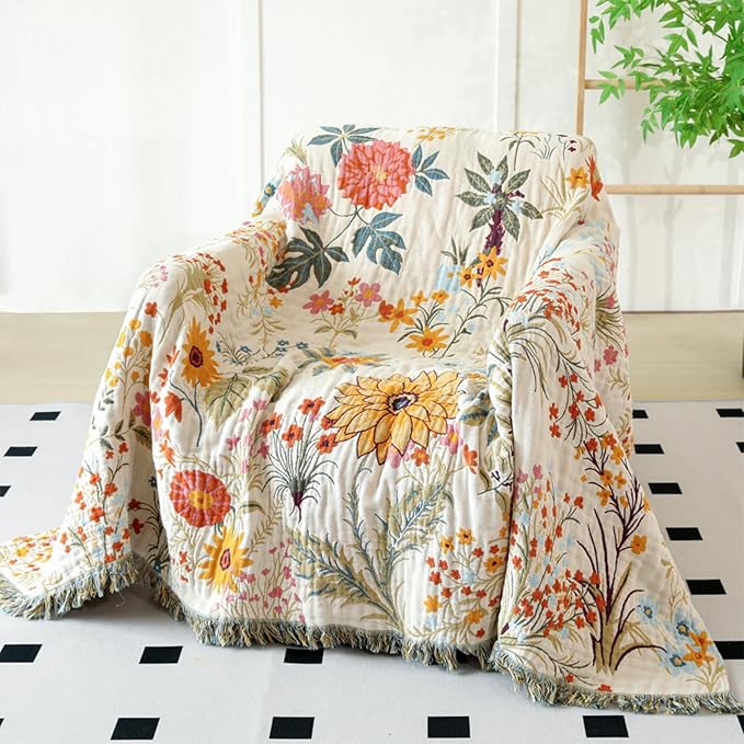 Boho Throw Blanket for Couch Sofa Chair Cotton Blankets for Bedroom Living Room All Season Soft Lightweight Reversible Floral Embroidery Throws 50"x60"
