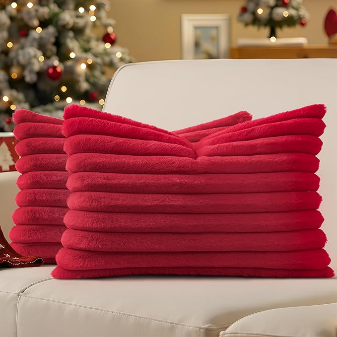 decorUhome Faux Fur Christmas Throw Pillow Covers 12x20 Set of 2, Decorative Soft Plush Striped Lumbar Neutral Couch Euro Pillow Covers with Velvet Back for Sofa, Bed, Living Room Home Decor, Red