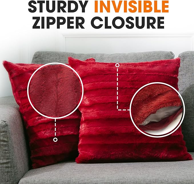 Cheer Collection Faux Fur Throw Pillows - Decorative Pillows for Couch, Bed Throw Pillows, Maroon Accent Pillows for Bedroom or Living Room Aesthetic, Set of 2 Furry Throw Pillows, 22" x 22"
