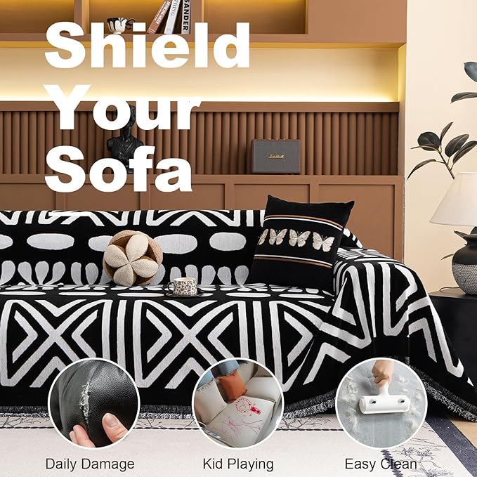 VClife Boho Couch Cover Soft Chenille Sofa Cover for Sofa Bed, 1 Piece XXL Couch Covers for 3 Cushion Couch Sofa Washable White Black Jacquard Pattern Sofa Protector for Living Room 71''x150''