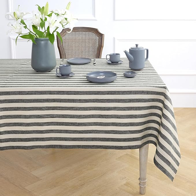 Solino Home Linen Striped Tablecloth 60 x 120 Inch - 100% Pure Linen Black and Natural Table Cloth for Rectangle Tables - Sorrento Stripe, Machine Washable Tablecloth for Fall, Autumn, Thanksgiving