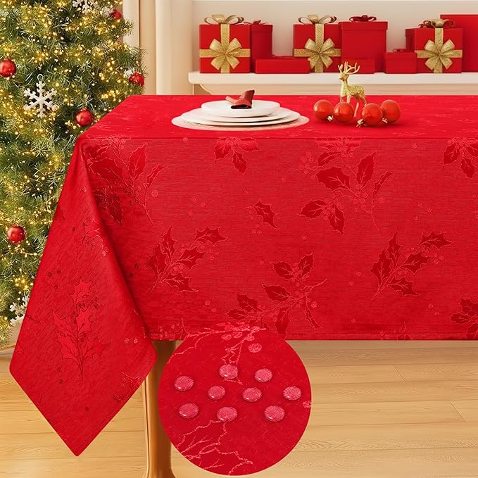 Smiry Rectangle Christmas Red Tablecloth, 60x140 Inch Waterproof Damask Table Cloth, Holly Patterns Fabric Table Covers for Christmas Dinner, and New Year Celebration, Burgundy