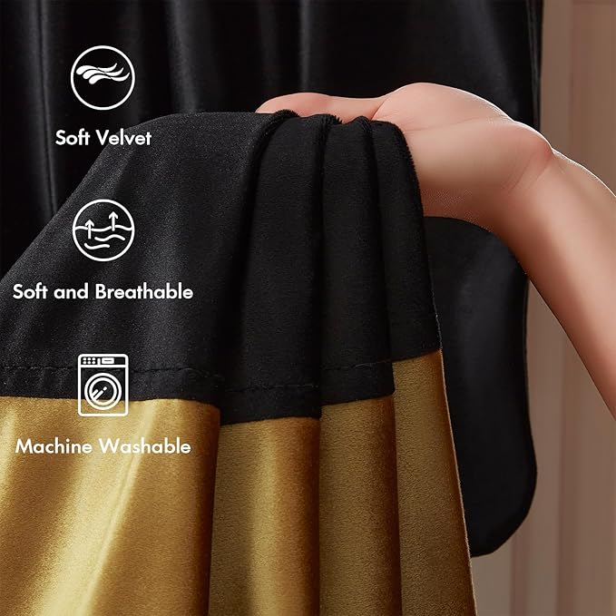 Velvet Curtains 108 inches Long for Living Room Blak Gold,2 Panels Blackout Curtains Modern Color Block Back Tab Rod Pocket Soundproof Drapes for Bedroom Window Decor