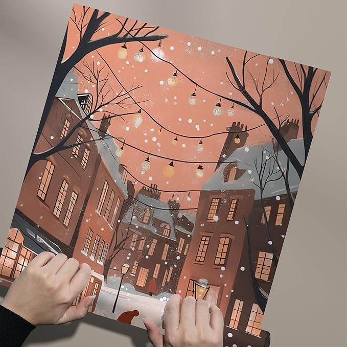 OZCONO Cozy Winter Cityscape Wall Art for Seasonal Home Decor, Christmas Street Scene Artwork, Warm Holiday Village Print, Soft Snowy Evening Illustration (Unframed) (16x24)