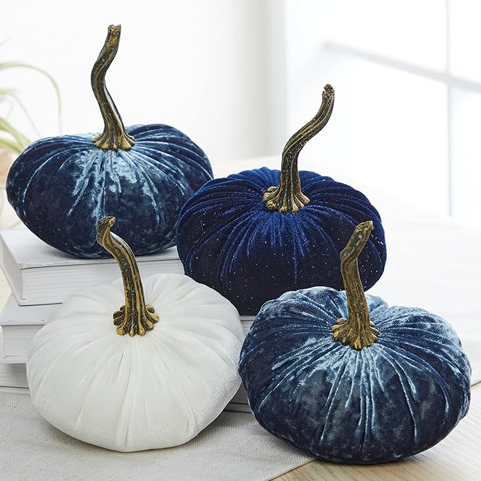 Your Heart's Content Set of 4 Small Velvet Pumpkins, Indigo Blue Decor, Gift Our Little Pumpkin Baby Shower Decorations boy, White Pumpkin Centerpiece, Navy (Sm 2Indigo Navy Ivory)