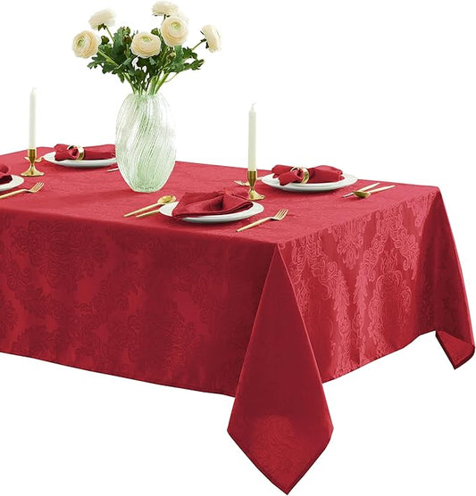Newbridge Barcelona Damask Fabric Tablecloth, 60 x 144 Inch Rectangle, Red – No Iron, Soil Resistant Table Cover for Dining, Parties and Holidays