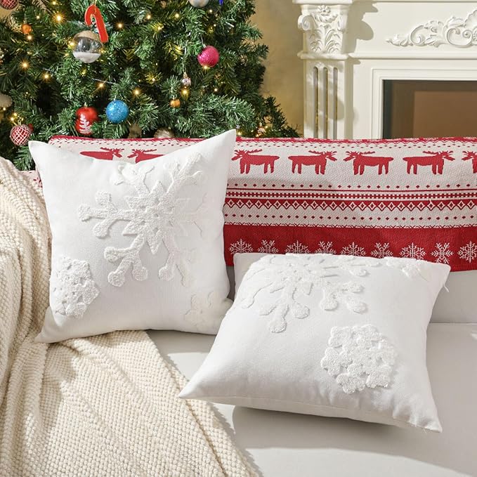 Lewondr Christmas Throw Pillow Cover, 2 Pack Snowflake Embroidery Decorative Throw Pillow Case Linen Sofa Cushion Cover for Party Thanksgiving Day Xmas Decor 18"x18"(45x45cm) - White