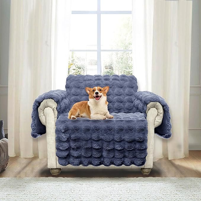 Plush and Fuzzy Shaggy Couch Cover, Dog Pad Faux Fur Sofa Cover, Water Resistant Slipcover, Non-Slip Furniture Protector for Kids,Dogs,Cats.(Noble Gray-Bubble, Small Chair)