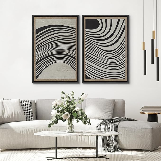 SIGNWIN Framed Canvas Print Wall Art Set Mid-Century Spiral Wave Collage Abstract Shapes Cozy Neutral Minimal Decorative Nordic Zen Bohemian for Living Room, Bedroom, Office - 16"x24"x2 Black