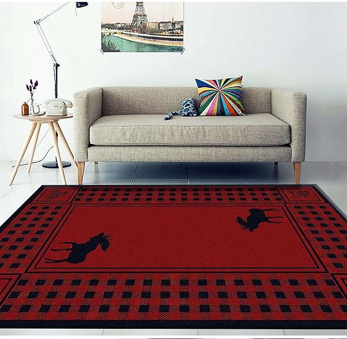 4x6ft Wild Deer Scene Area Rug - Country Moose & Hazelnuts Design, Non-Skid Soft Floor Rug in Rustic Cabin Red & Black Buffalo Plaid for Kids Room, Living Room, Bedroom & Home Decor