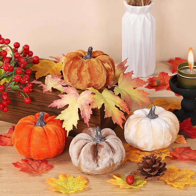 4pcs Velvet Fake Pumpkins Fall Harvest Fabric Foam Pumpkin Thanksgiving Halloween Decor for Table Centerpiece Wedding Farmhouse (4, Orange Gold Coffee Beige, S)