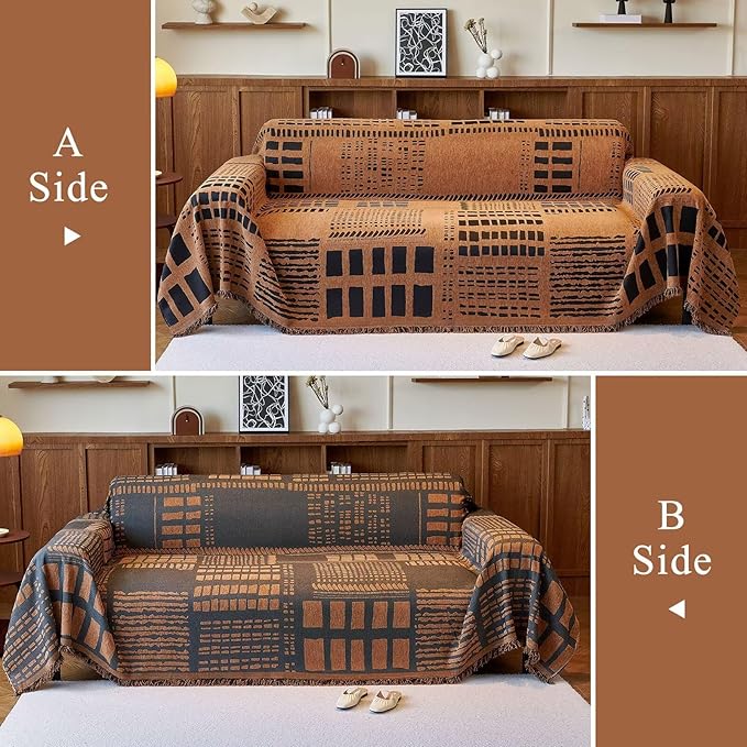 VClife Boho Sofa Cover Oversize Couch Cover for 3 Cushion Couch Pet-Friendly Sectional Couch Cover Washable Chenille Couch Cushion Cover for Dog Modern Black Pumpkin Checkered Sofa Slipcover 71"x134"