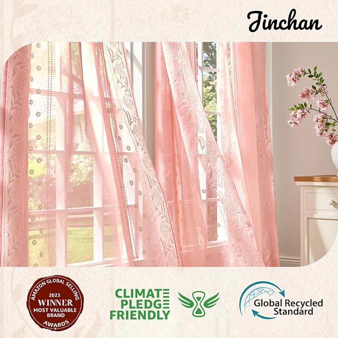 jinchan Winslow Sheer Curtains 63 Inch Length for Dorm Bedroom Bordered Floral Pattern Decorations Short Curtains Light Filtering Window Treatments, 50W x 63L, Beige on Pink, 2 Panels