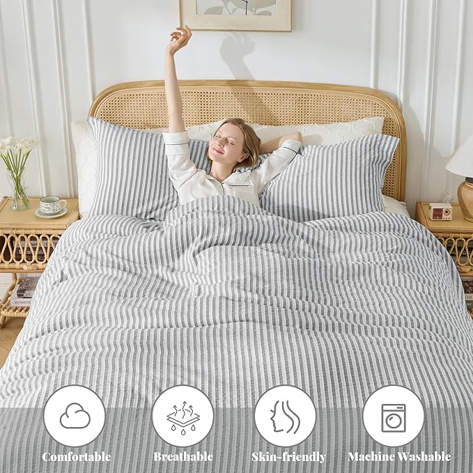 MILDLY Grey Striped Duvet Cover - 100% Washed Cotton Jacquard Boho Textured Comforter Cover 2pcs with Corner Ties Zipper Closure 68"x90"