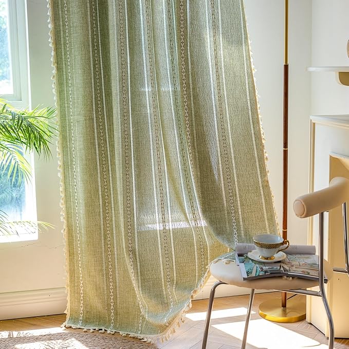 Sutuo Home Green Boho Curtains 120 inch Extra Long for Bohemian Farmhouse House Decoration, 52" Wide 1 Panel Semi Blackout Window Treatment, Privacy Embroidery Drape for Bedroom Living Room Guest Room