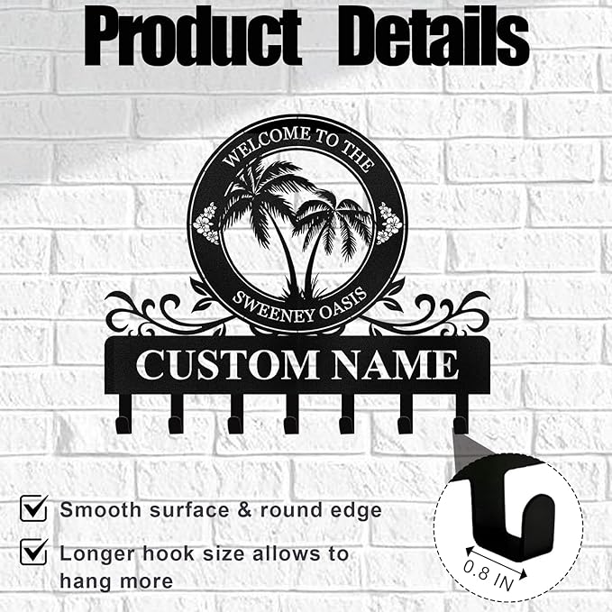 Personalized Key Holder for Wall - Beach Theme Coat Rack Wall Mount with Palm Tree Design, Metal Key Organizer with Hooks, Key Hanger Wall Decor for Front Door Kitchen Bathroom, Housewarming Gifts