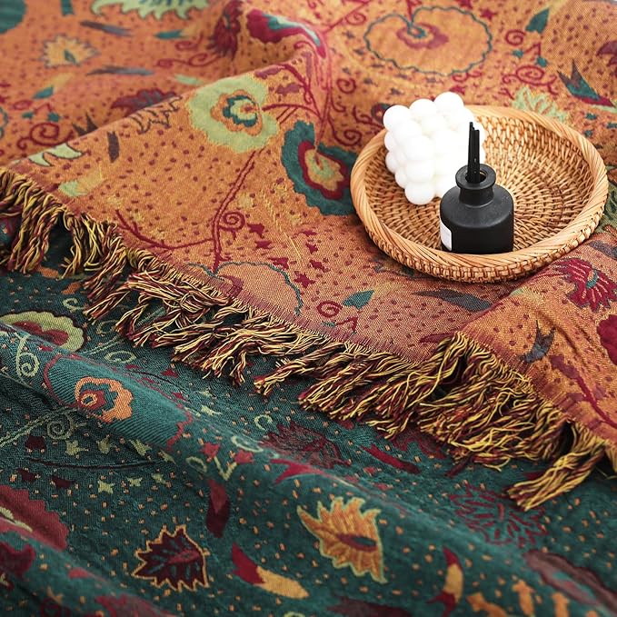 Boho Throw Blanket for Bed 100% Cotton Ultra Soft Rustic Quilt Farmhouse Decor Bed Fall Blanket,All Season Rustic Throw for Sofa Couch Chair (Flower-Dark Green, 60"×80")