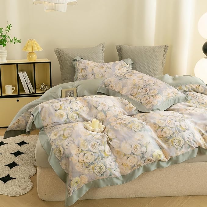 ECOCOTT Bedding 3-Piece Duvet Cover Queen Size, Silky Soft 100% Lyocell, Hypoallergenic & Eco-Friendly Whispering Roses Bedding, Cooling & Breathable for Hot Sleepers, Dreamy Floral Pattern