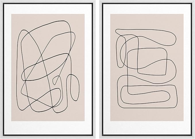 SIGNWIN Framed Wall Art Print Set Line Art Thin Lines Over Plain Tan Background Abstract Swirly Digital Art Modern Art Mid-Century Modern Expressive for Living Room, Bedroom, Office - 24"x36"x2 White