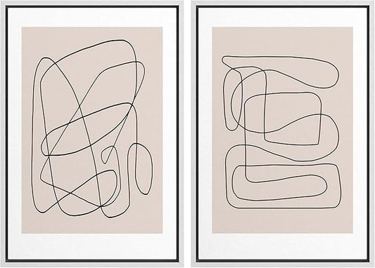 SIGNWIN Framed Wall Art Print Set Line Art Thin Lines Over Plain Tan Background Abstract Swirly Digital Art Modern Art Mid-Century Modern Expressive for Living Room, Bedroom, Office - 24"x36"x2 White