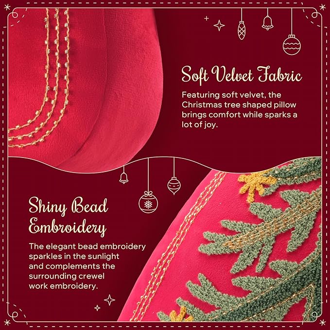 Phantoscope Merry Christmas Tree Decorative Throw Pillow, Velvet Beads Embroidery 3D Shaped Cushion, Suitable for Sofas, Living Rooms, and Beds, Red, 18 x 14 in