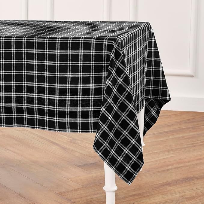 Solino Home Linen Plaid Tablecloth 60 x 120 Inch - 100% Pure Linen Marseille Plaid Black Table Cloth for Rectangle Tables - Machine Washable Tablecloth for Fall, Winter, Thanksgiving, Christmas