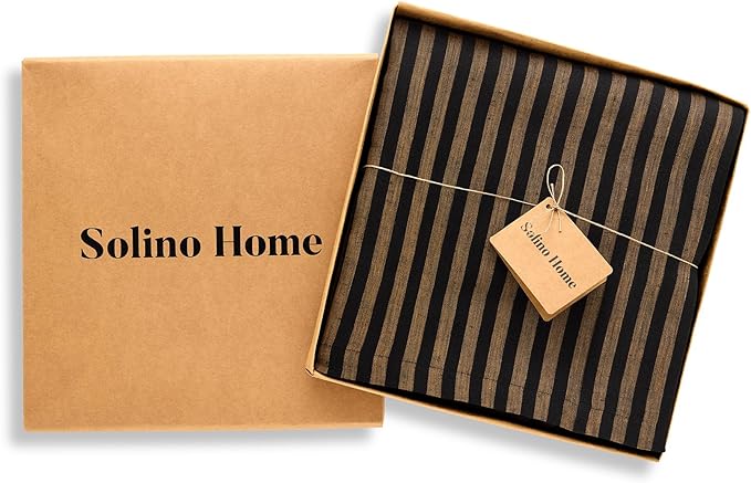 Solino Home Linen Tablecloth 60 x 120 Inch - Amalfi Stripe 100% Pure Linen Brown Sugar and Black Table Cloth for Rectangle Tables - Machine Washable Fabric Tablecloth for Fall, Autumn, Thanksgiving